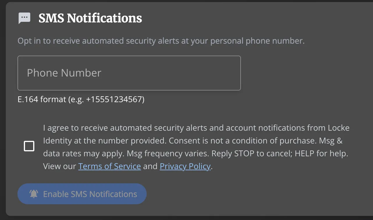 SMS Notifications card showing empty phone number field, unchecked consent checkbox with full disclosure text including message frequency, data rates, STOP/HELP instructions, and links to Terms of Service and Privacy Policy, with disabled Enable SMS Notifications button