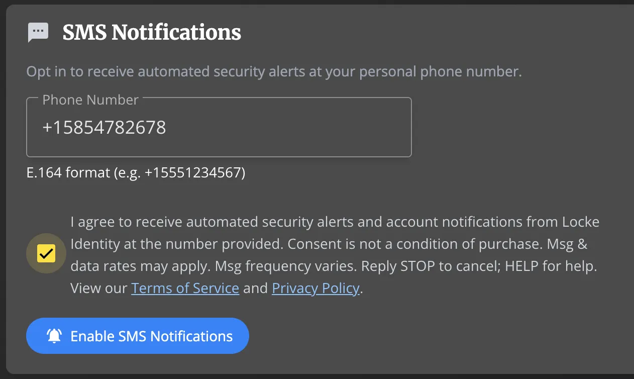 SMS Notifications card with phone number entered in E.164 format, consent checkbox checked showing explicit agreement text, and Enable SMS Notifications button now active and enabled