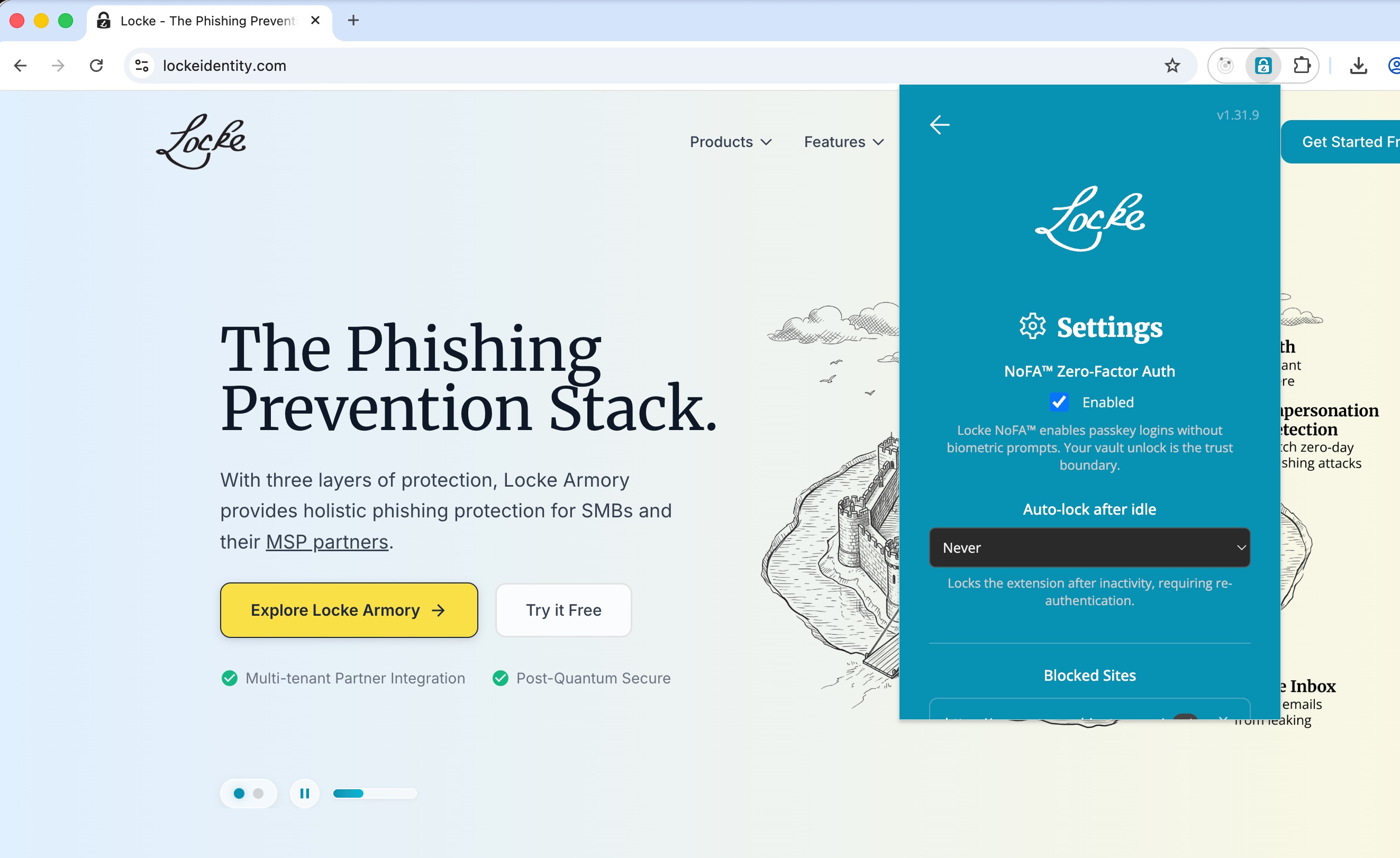 NoFA™ Zero-Factor Auth enabled in the Locke browser extension, shown over lockeidentity.com